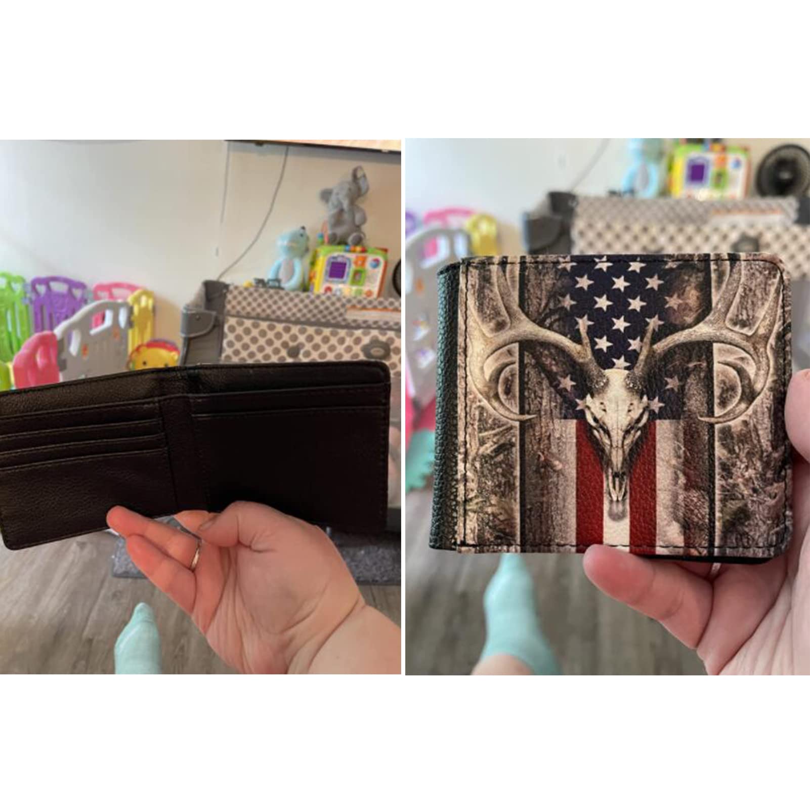 LedBack Deer American Flag Camo Print PU Leather Men's Slim Bi-fold Wallet with Credit Card Holder