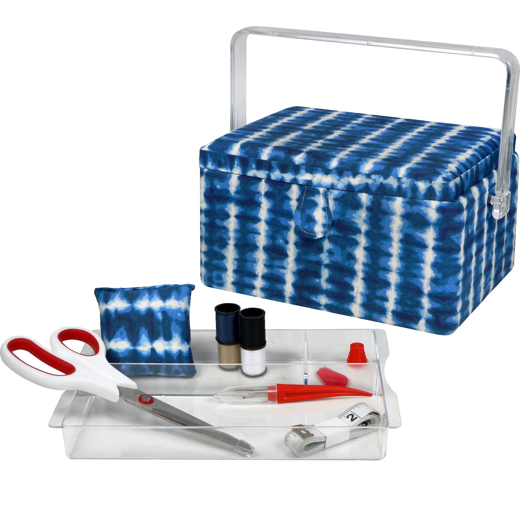 SINGER Large Sewing Basket with Notions & Matching Pin Cushion | Sewing Kit & Storage with Scissors, Tape Measure, Thread, & More (Blue Tie Dye)