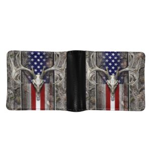 LedBack Deer American Flag Camo Print PU Leather Men's Slim Bi-fold Wallet with Credit Card Holder