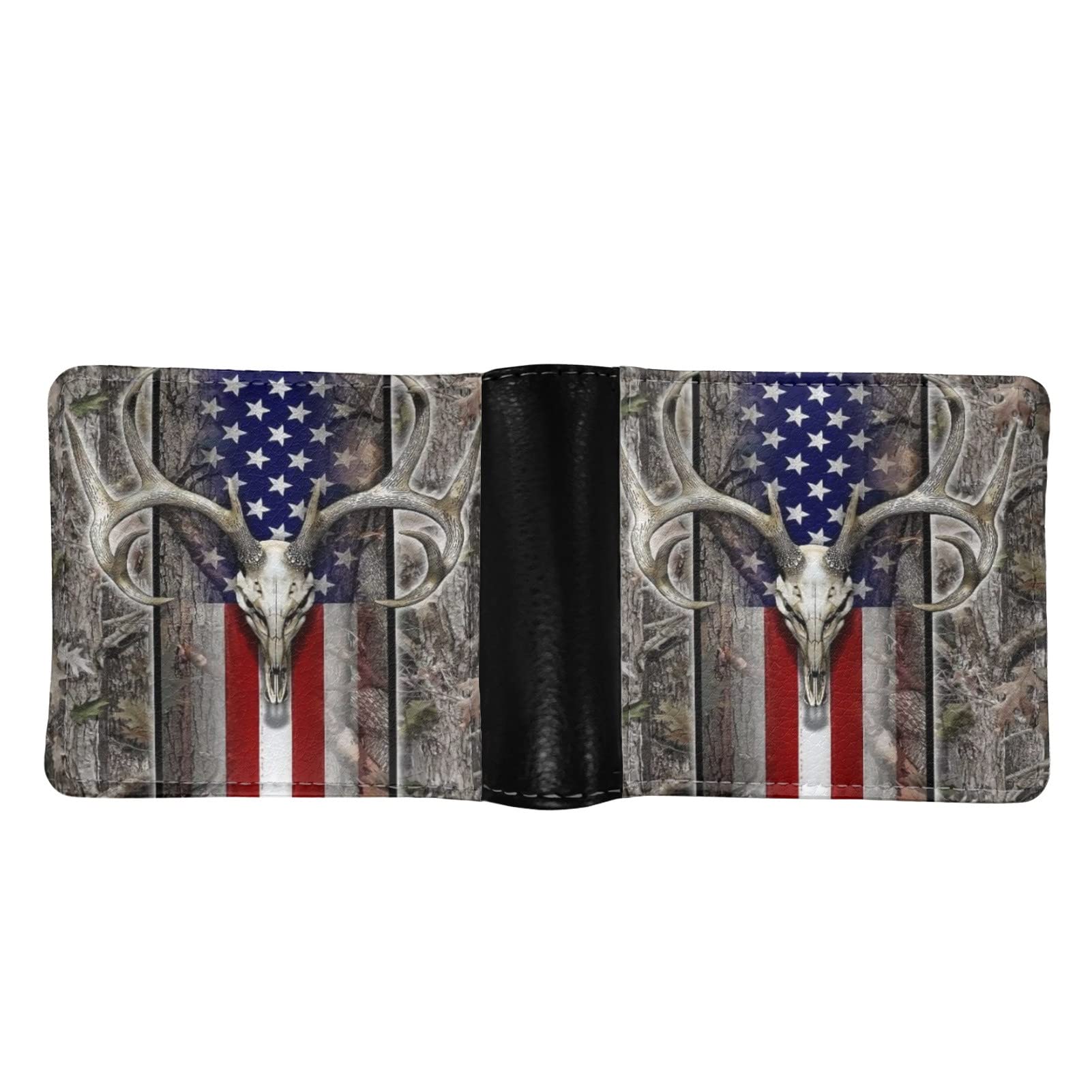 LedBack Deer American Flag Camo Print PU Leather Men's Slim Bi-fold Wallet with Credit Card Holder