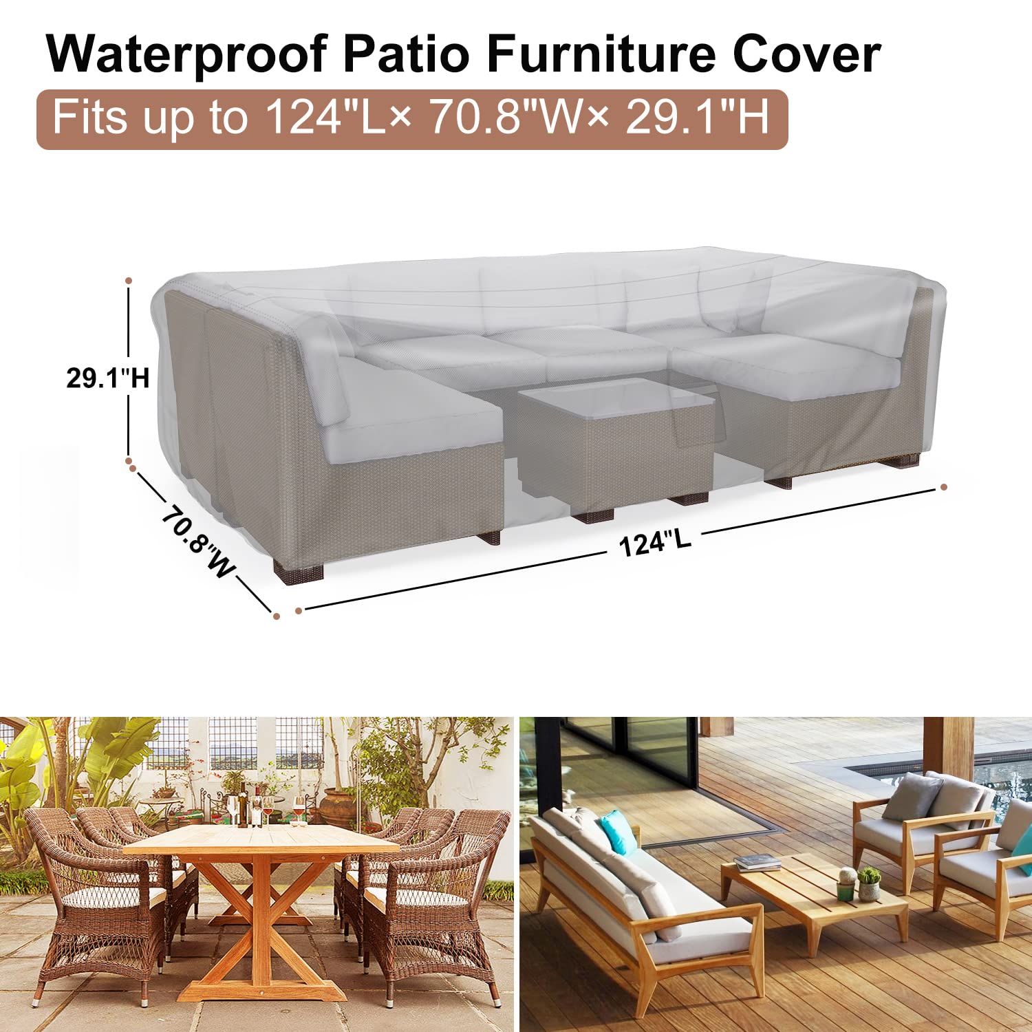 Patio Furniture Set Cover Waterproof, Mrrihand Outdoor Sectional Sofa Set Cover Heavy Duty 600D Table and Chair Set Cover 124" L× 70.8" W× 29.1" H