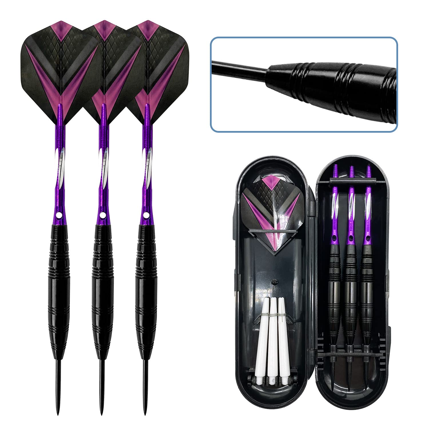 KingHtao Steel Tip Darts Set 22 Gram- Standard PET Flights, Aluminum Dart Shafts,with O Rings, Extra Aluminiu Shafts, Dart Flights and Portable Darts Case (3pcs/Pack) (Purple)