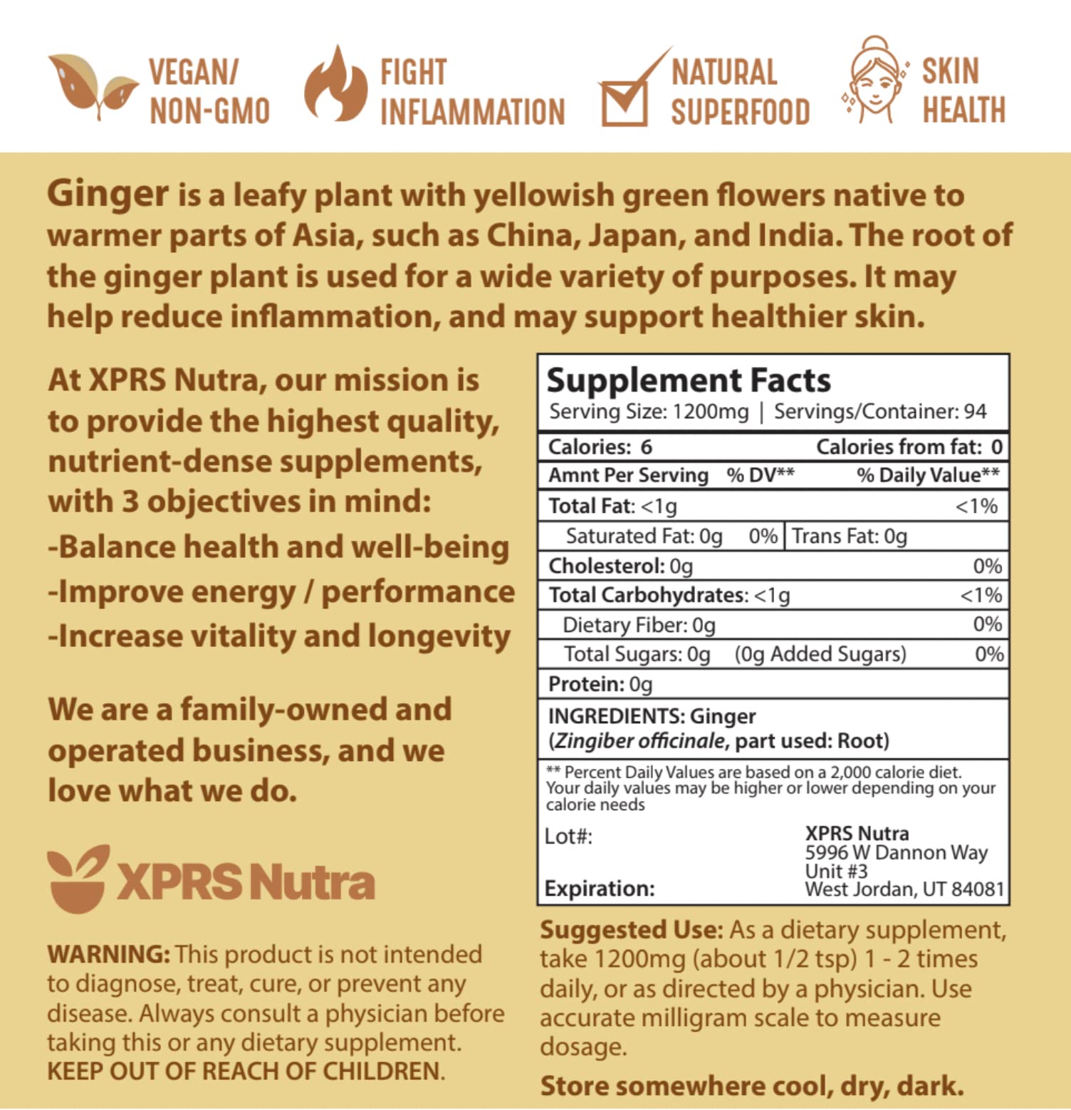 XPRS Nutra Ginger Powder - Premium Ground Ginger Root Powder with Potent Spicy Flavor - Ground Ginger Powder - Vegan Friendly Sustainably Grown Powdered Ginger (4 Ounce)