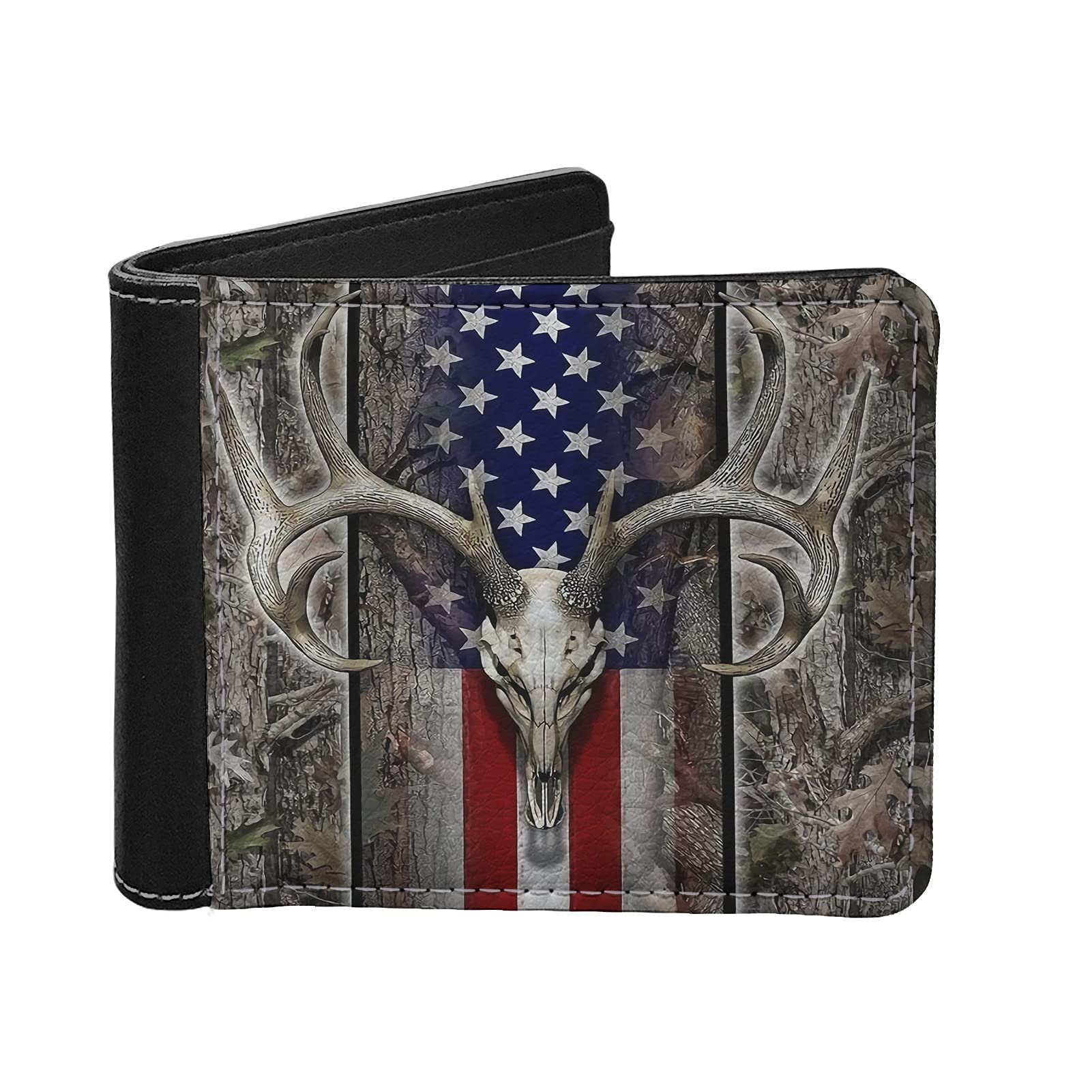 LedBack Deer American Flag Camo Print PU Leather Men's Slim Bi-fold Wallet with Credit Card Holder