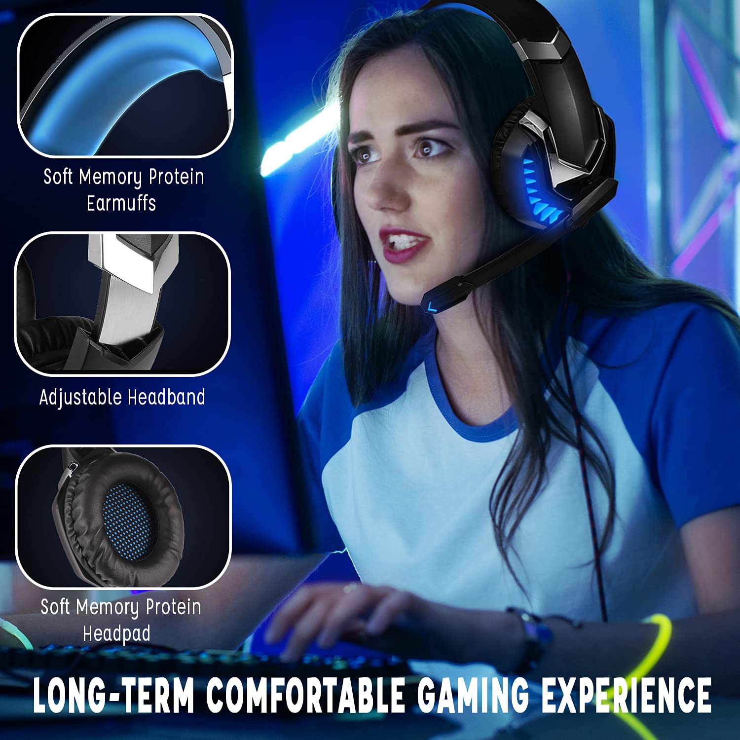 Wasart Gaming Headset, Over-Ear Gaming Headphones with Noise Canceling Mic, Stereo Bass Surround Sound, Soft Memory Earmuffs LED Light PS4 Gaming Headset Compatible with PC, Laptop, PS4, PS5, Red