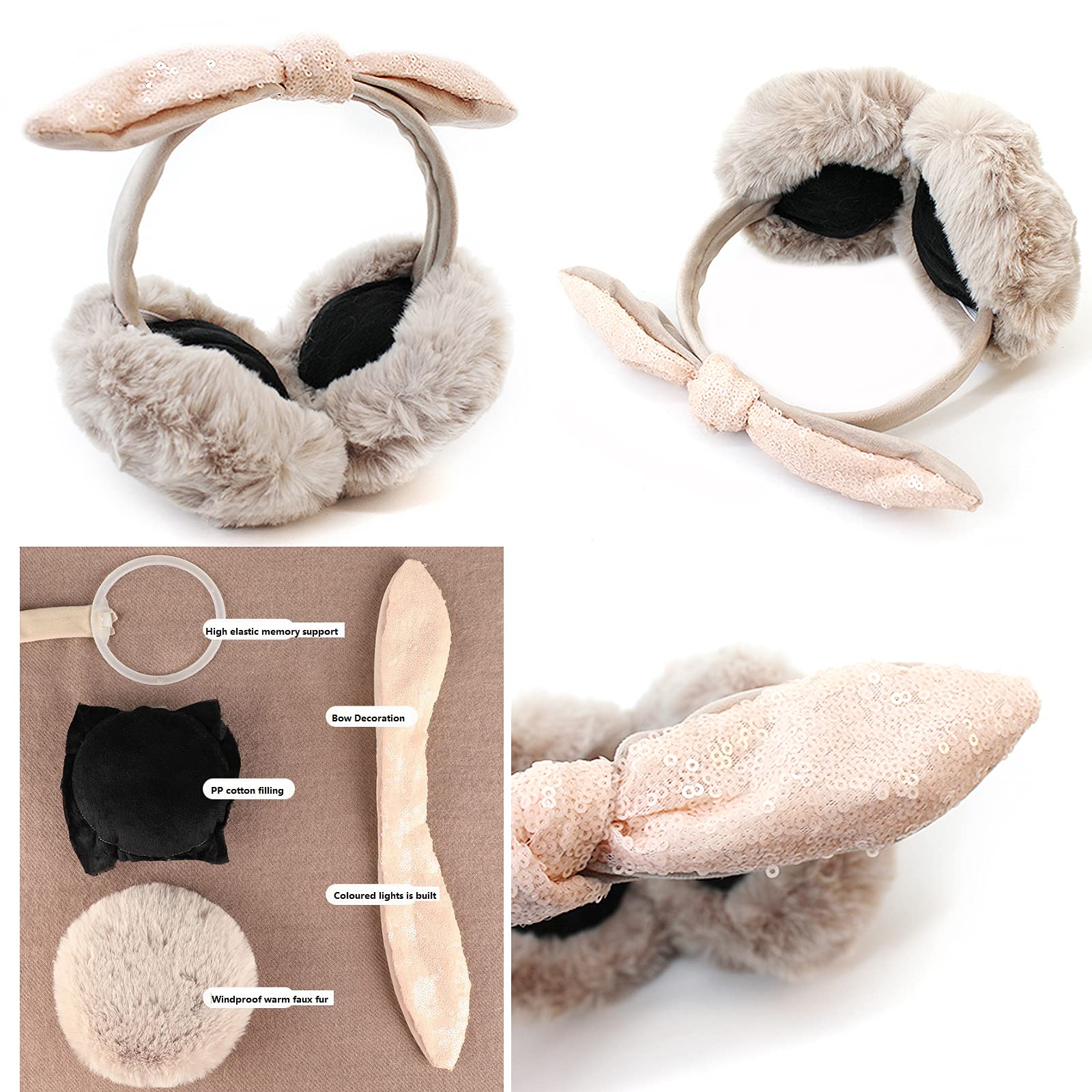 Felice Ann Women Sequins Bowknot Winter Warm Faux Fur Plush Earmuffs Foldable Ear Muffs Ear Warmers