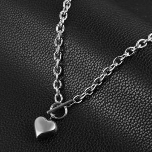 HZMAN Women Stainless Steel Heart Pendant Chunky Cuban Chain Link Toggle Clasp Necklace