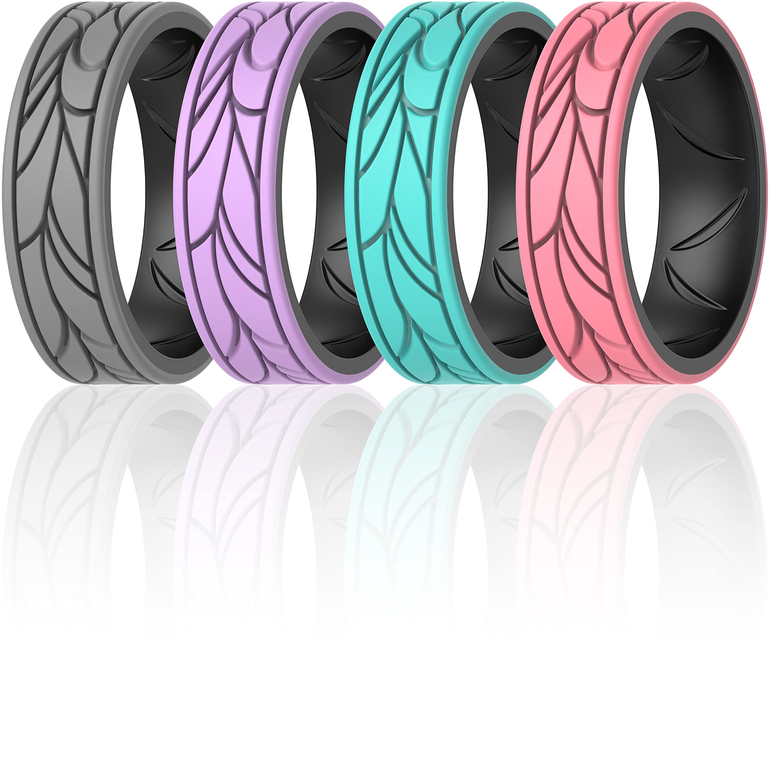 ThunderFit Silicone Rings for Women, Breathable Bands Round Pattern Design 6.8mm Wide 1.8mm Thick - 1/4 Variety Multipack (Pack C Size 6.5-7 (17.3mm))