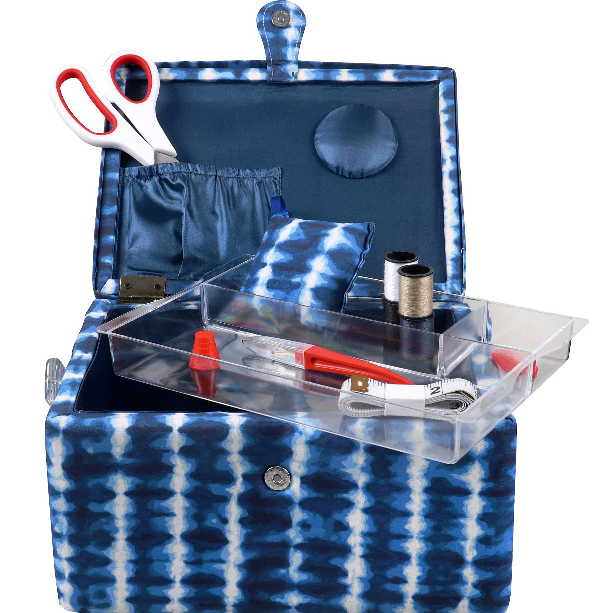 SINGER Large Sewing Basket with Notions & Matching Pin Cushion | Sewing Kit & Storage with Scissors, Tape Measure, Thread, & More (Blue Tie Dye)