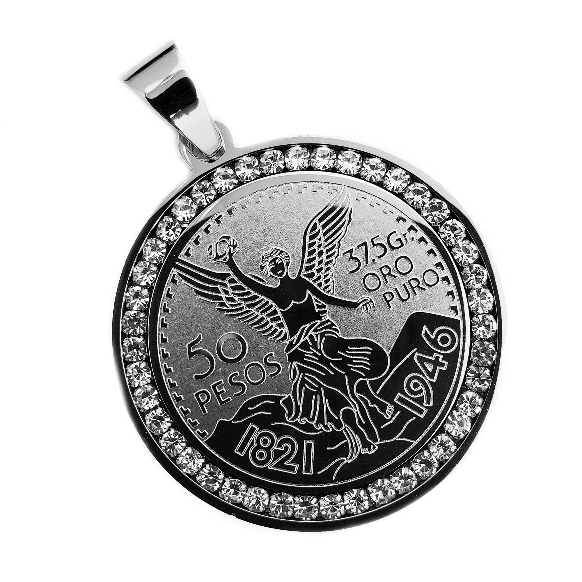 Hip Hop Stainless steel Iced 50 Pesos Centenario Mexican Coin CZ Charm Pendant (SILVER)