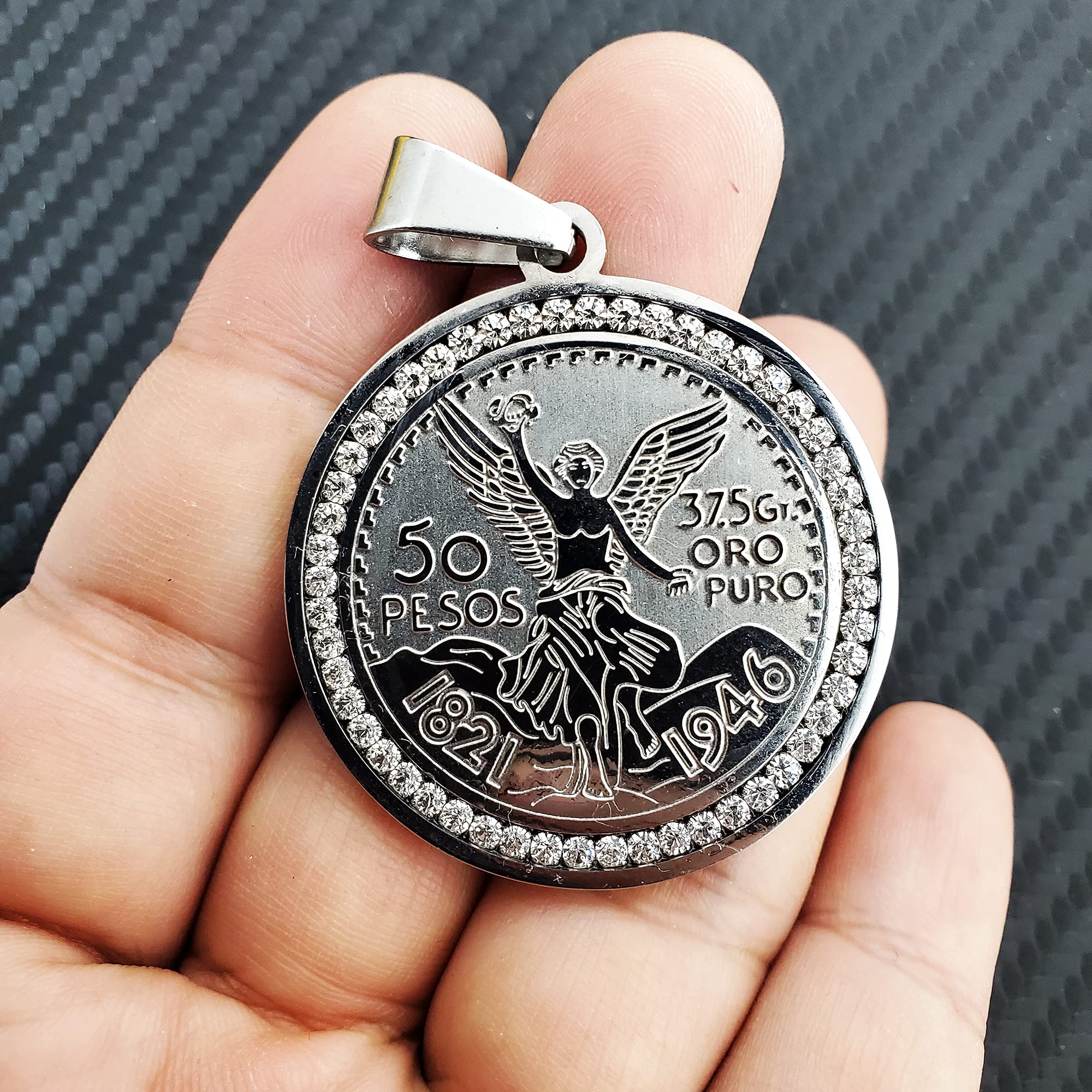 Hip Hop Stainless steel Iced 50 Pesos Centenario Mexican Coin CZ Charm Pendant (SILVER)