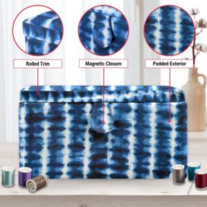 SINGER Large Sewing Basket with Notions & Matching Pin Cushion | Sewing Kit & Storage with Scissors, Tape Measure, Thread, & More (Blue Tie Dye)