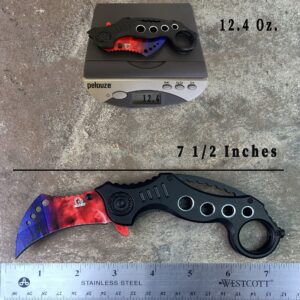 7.75" Full Metal Claw Style Folding Tactical Knife with Titanium Coating Blade and Handle. for Hunting, Camping and Knife Collection (Red Purple)