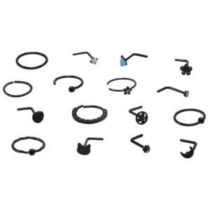 WASOLIE 16PCS 20G Black Nose Studs for Women L Shape Nose Screw Stainless Steel Hypoallergenic Nostril Piercing Jewelry Men Black Nose Piercing Rings with gems.