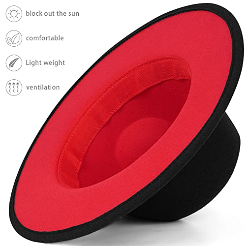 FADACHY Trendy Fedora Hat Wide Brim Panama hat Dress Felt Hat Red Bottom Two Tone, Black L Large XL