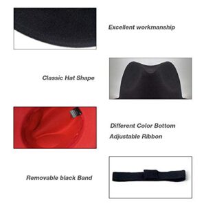 FADACHY Trendy Fedora Hat Wide Brim Panama hat Dress Felt Hat Red Bottom Two Tone, Black L Large XL