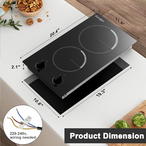 Cooksir 2 Burner Electric Cooktop 12 inch, 3000W Electric Stove Top 220-240V, Built-in Electric Stovetop with 9 Power Level, Knob Control, Auto Shut Down Protection, Hard Wired (No Plug)