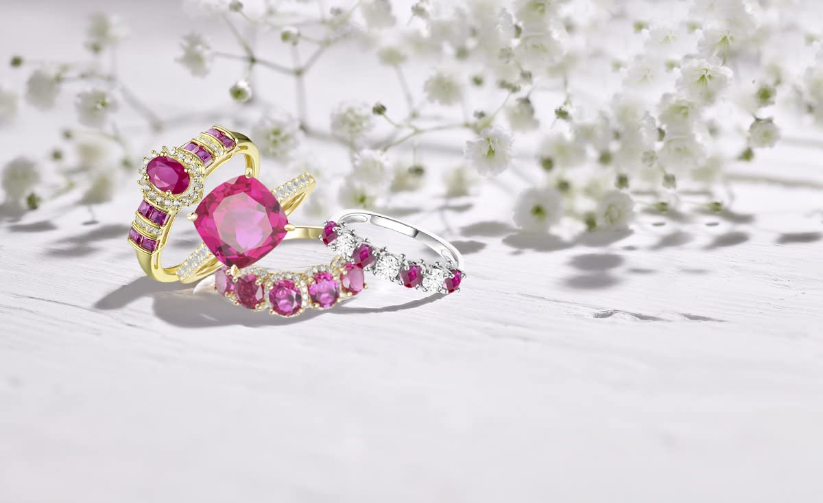 Tirafina Genuine Ruby and Diamond Ring, Alternating Design Of Genuine Gemstones and Diamonds, Center Stone Is Surrounded By Halo Of Diamonds, Gemstone Statement Ring, 14K Yellow Gold (Diamond 1/10 cttw)