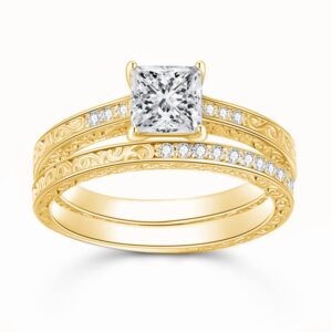 Vintage Bridal Ring Set for Women Princess Cut Bridal Sets Wedding Rings, 1-1/2 Carat(ctw) Moissanite Engagement Ring Set 925 Sterling Silver 10K 14K 18K Gold Engagement Ring Set Free Engraving