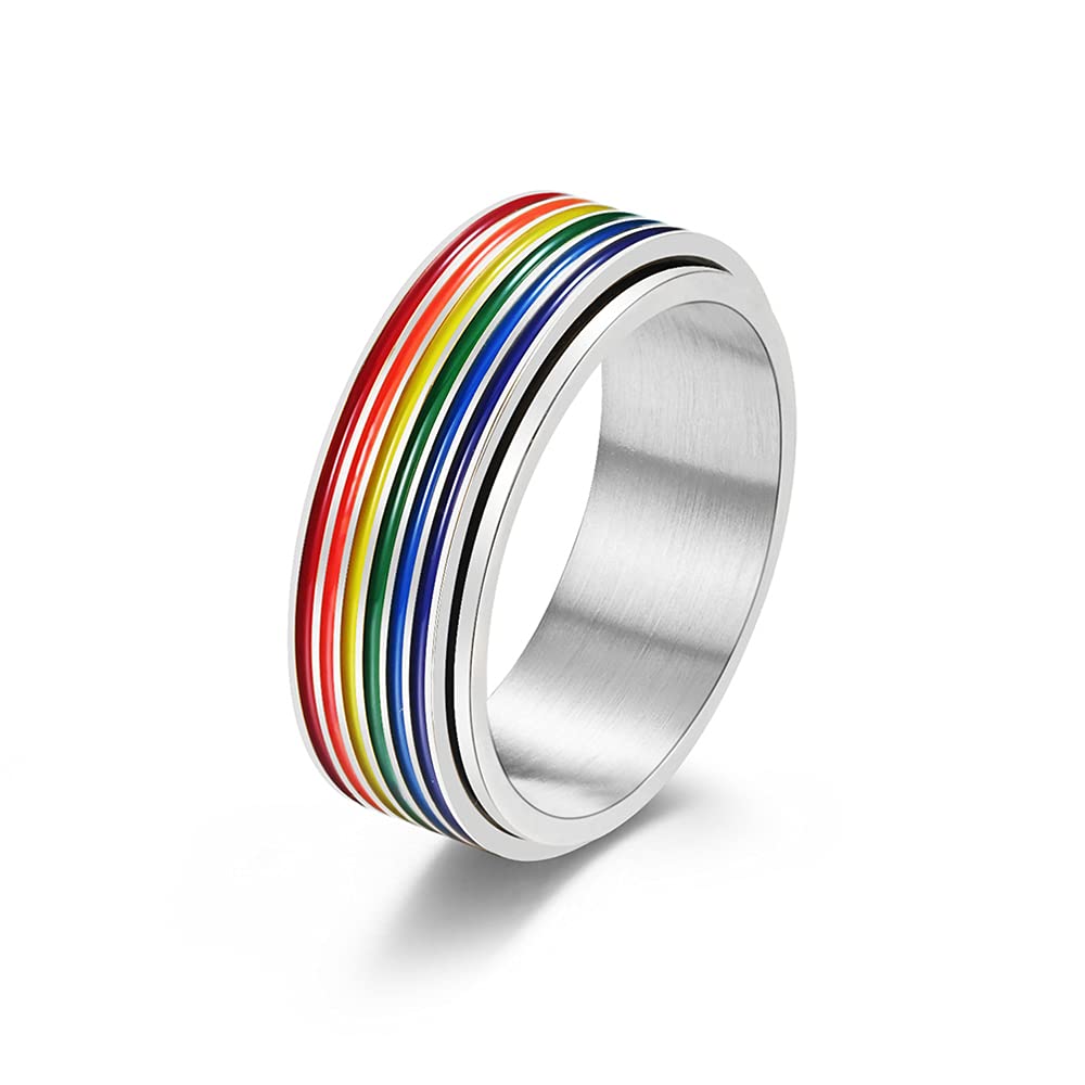 Rotatable Rainbow Stripe LGBT Pride Band Ring for Women Men Couples Bff Anti Anxiety Stress Relief Fidget Spinner Ring Stainless Steel Statement Relationship Knuckle Ring Boyfriend Girlfriend Xmas New Year Party Gifts (6)