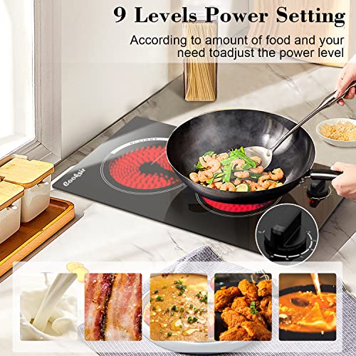 Cooksir 2 Burner Electric Cooktop 12 inch, 3000W Electric Stove Top 220-240V, Built-in Electric Stovetop with 9 Power Level, Knob Control, Auto Shut Down Protection, Hard Wired (No Plug)