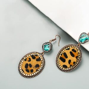 Vintage Leopard Print Dangle Earrings for Women AB Crystal Geometric Irregular Turquoise Stone Faux Leather Statement Drop Stud Earring Retro Birthday Party Jewelry Gifts (Gold)