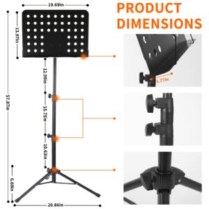 Music Stand, Metal Professional Portable Perforated Sheet Music Stand, Adjustable Music Stand, Equipped with a Carrying Bag, Clip Holder, Music Folder, 2 in 1 Music Bookshelf