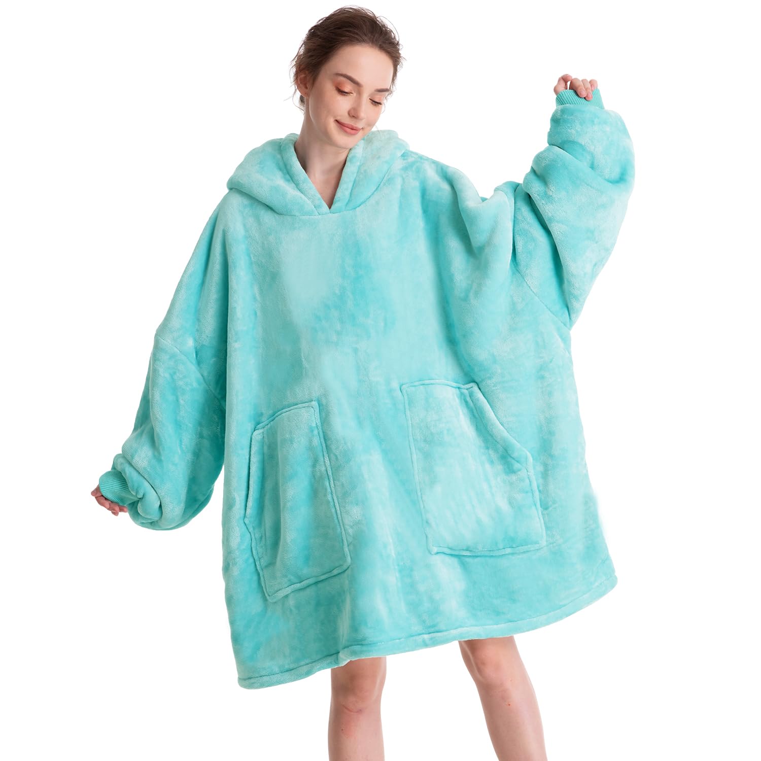 Aemicion Oversized Wearable Blanket Hoodie,Thick Cozy Sherpa Sweatshirt Blanket as Gift for Women Men-Teal