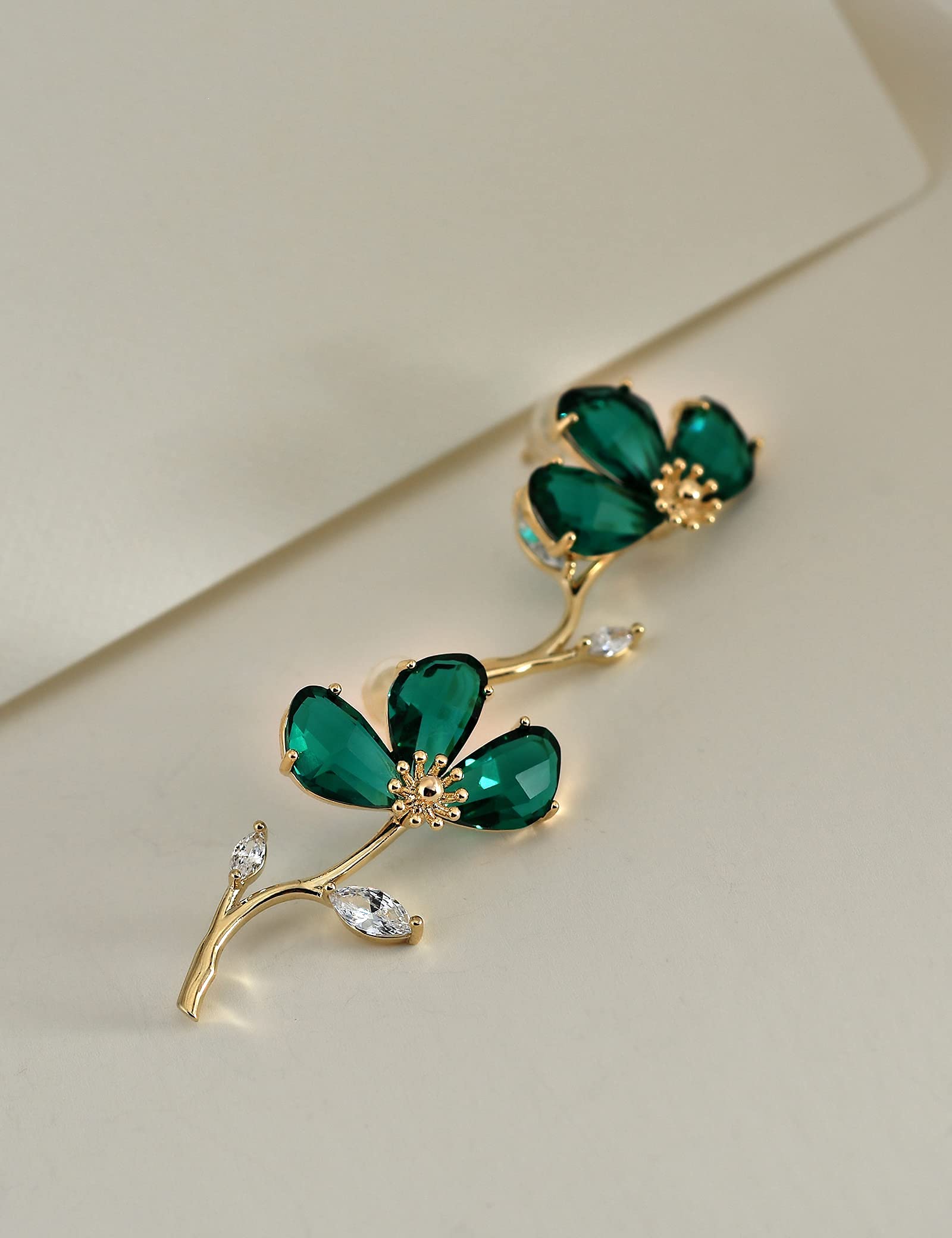 KZZENKI Green Flower Earrings with Stud, Statement Gold Dangle Earrings for Women Trendy Drop Earrings Gift