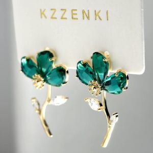 KZZENKI Green Flower Earrings with Stud, Statement Gold Dangle Earrings for Women Trendy Drop Earrings Gift