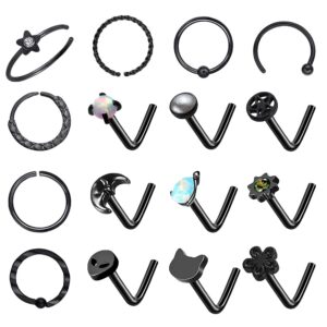 wasolie 16pcs 20g black nose studs for women l shape nose screw stainless steel hypoallergenic nostril piercing jewelry men black nose piercing rings with gems.