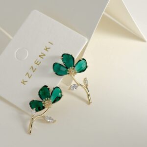 KZZENKI Green Flower Earrings with Stud, Statement Gold Dangle Earrings for Women Trendy Drop Earrings Gift