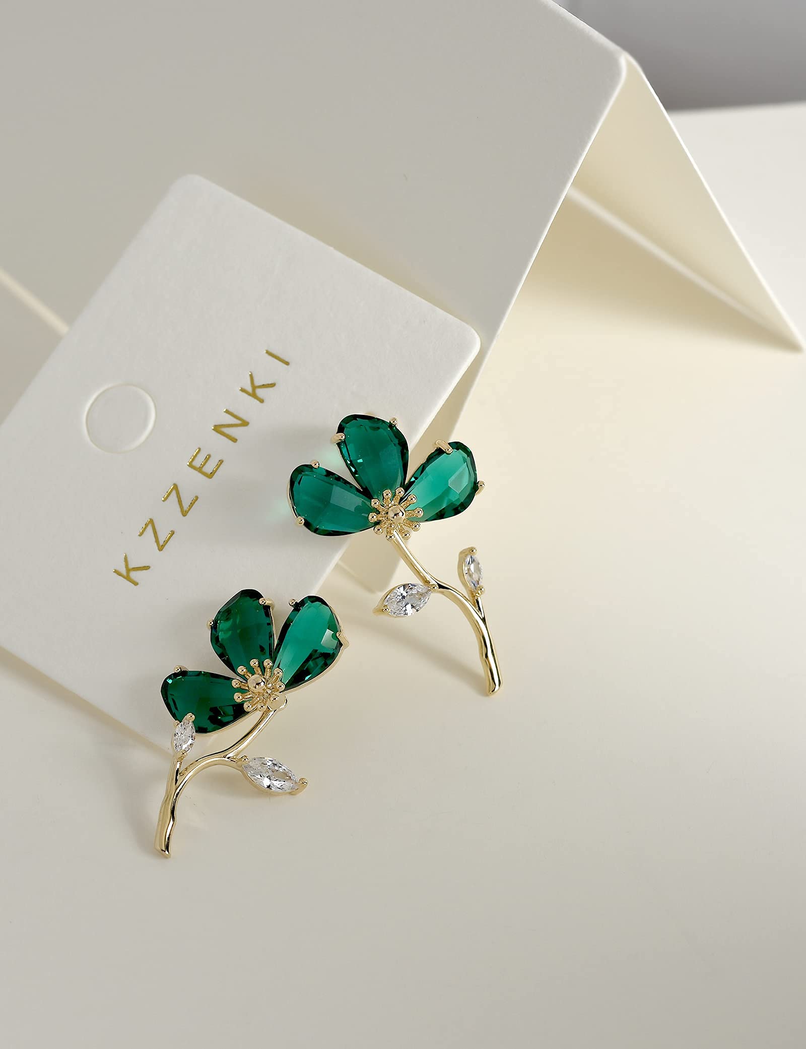 KZZENKI Green Flower Earrings with Stud, Statement Gold Dangle Earrings for Women Trendy Drop Earrings Gift