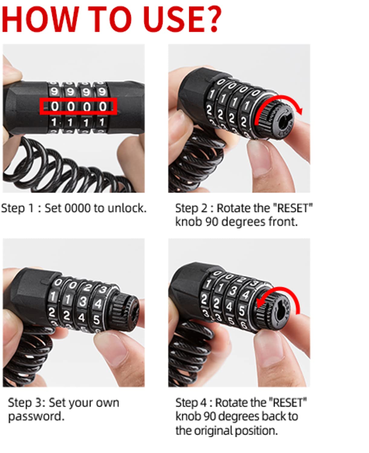 4 Digit Bike Lock Black Bold Steel Cable Ring Lock Portable Steel Wire Anti-Theft Lock for Helmet Combination Lock Bicycle Strong Outdoor Lock