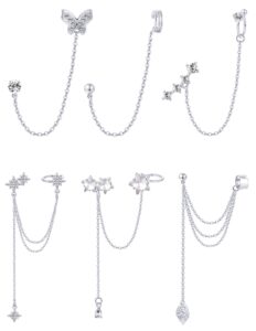 tornito 6pcs cuff earring chain leaf snowflake star butterfly with cz crawler climber earring studs drop dangling chain wrap tassel earring for women men 20g silver tone