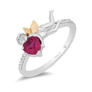 jewelili hallmark fine jewelry sterling silver and 14k yellow gold 5 mm heart cut created ruby and natural white round diamond accent flying cupid ring, size 6