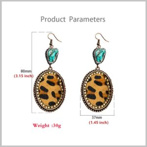 Vintage Leopard Print Dangle Earrings for Women AB Crystal Geometric Irregular Turquoise Stone Faux Leather Statement Drop Stud Earring Retro Birthday Party Jewelry Gifts (Gold)