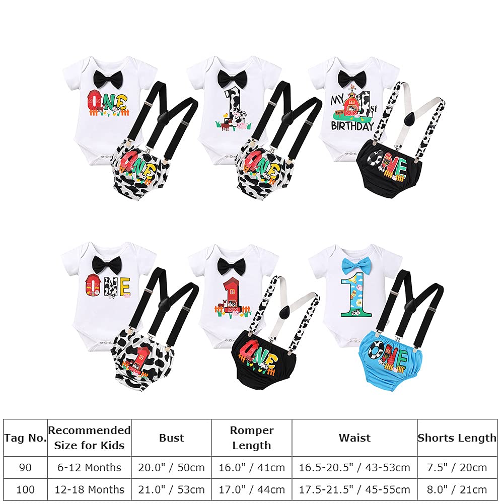 IMEKIS Farm Animals 1st Birthday Outfit Boys Baby Cake Smash Bowtie Romper Suspenders Diaper Covers Shorts First Cow Theme Farm Birthday Party Supplies Decorations for Photo Shoot Black 12-18 Months