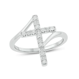 Cali Trove, Diamond Cross Ring for Women in 925 Sterling Silver, Women's Vertical Cross Ring with Bypass Band and Accented with Round White Diamonds, Silver Religious Ring