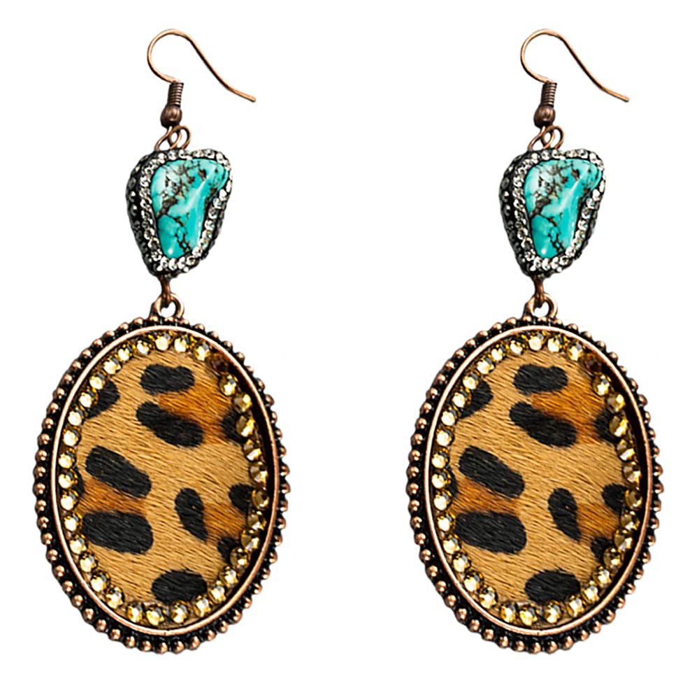 Vintage Leopard Print Dangle Earrings for Women AB Crystal Geometric Irregular Turquoise Stone Faux Leather Statement Drop Stud Earring Retro Birthday Party Jewelry Gifts (Gold)