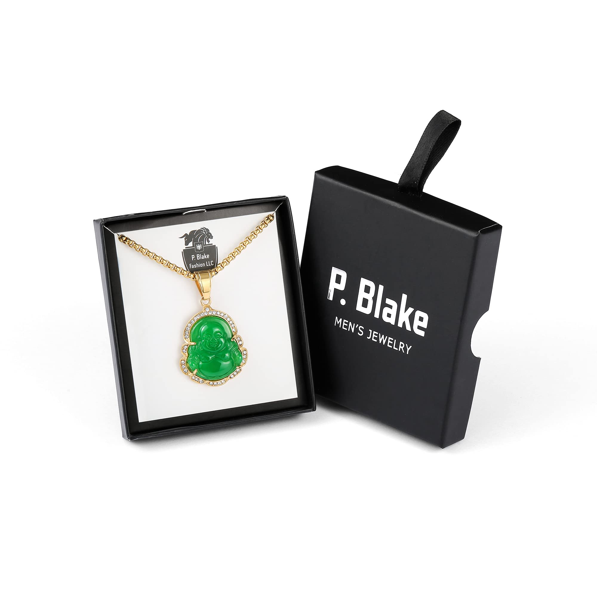 P.BLAKE Green Laughing Buddha Gold Necklace for Men Women, Stainless Steel Buddha Pendant Chain Buddhist Jewelry Gifts (Green 24 Inches)