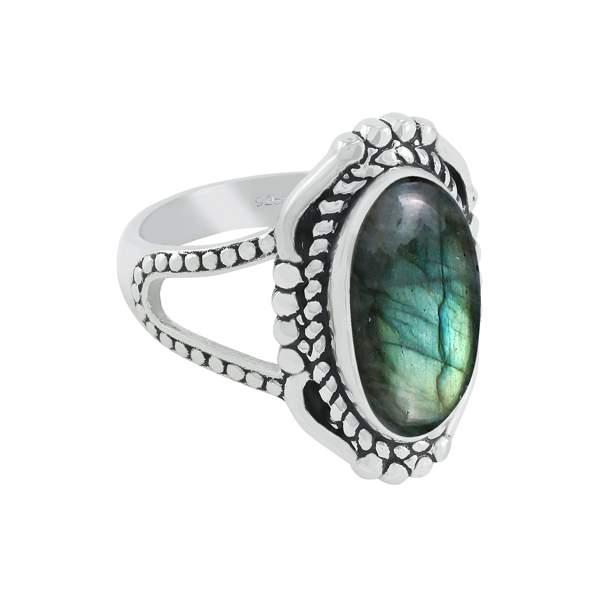 TISHAVI 5.25Cts Sterling Silver Genuine Natural Labradorite Ring For Women, Sterling Silver Birthstone Ring Jewelry Gift For Women Mom Wife Girlfriend Sister