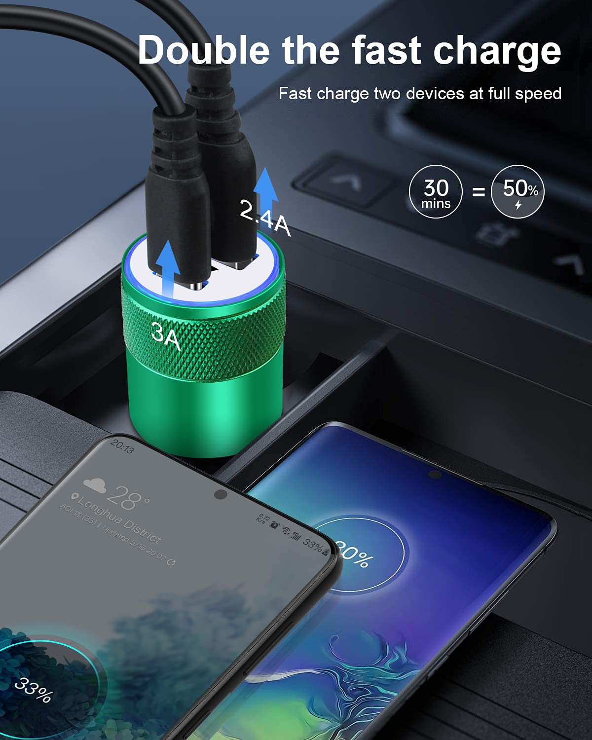 30W USB C Car Charger, Cell Phone Automobile Charger Rapid PD C Type Dual Port Cigarette Lighter Adapter Automotive Cig Slot Cargador Carro Ultra-Fast Charging for iPhone, iPad, Samsung, LG, Moto