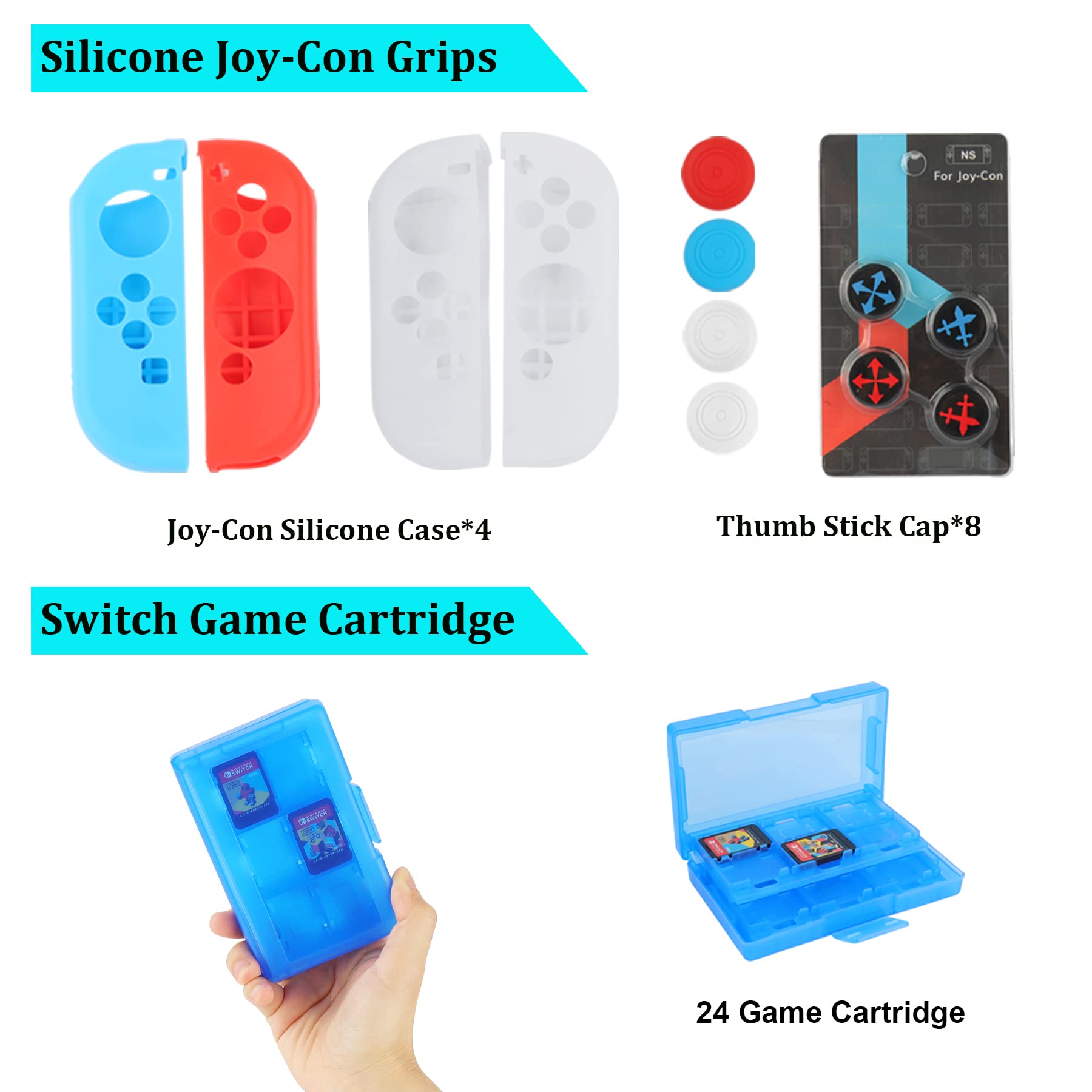 Accessories Bundle Pack for Nintendo Switch OLED Model(2021), Family Party Kit with Carrying Case, Joy Con Charging Dock, Grips, Covers, Steering Wheels, Mount, Screen Protectors, Caps(23 in 1)