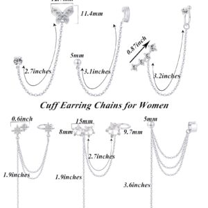 Tornito 6Pcs Cuff Earring Chain Leaf Snowflake Star Butterfly with CZ Crawler Climber Earring Studs Drop Dangling Chain Wrap Tassel Earring for Women Men 20G Silver Tone