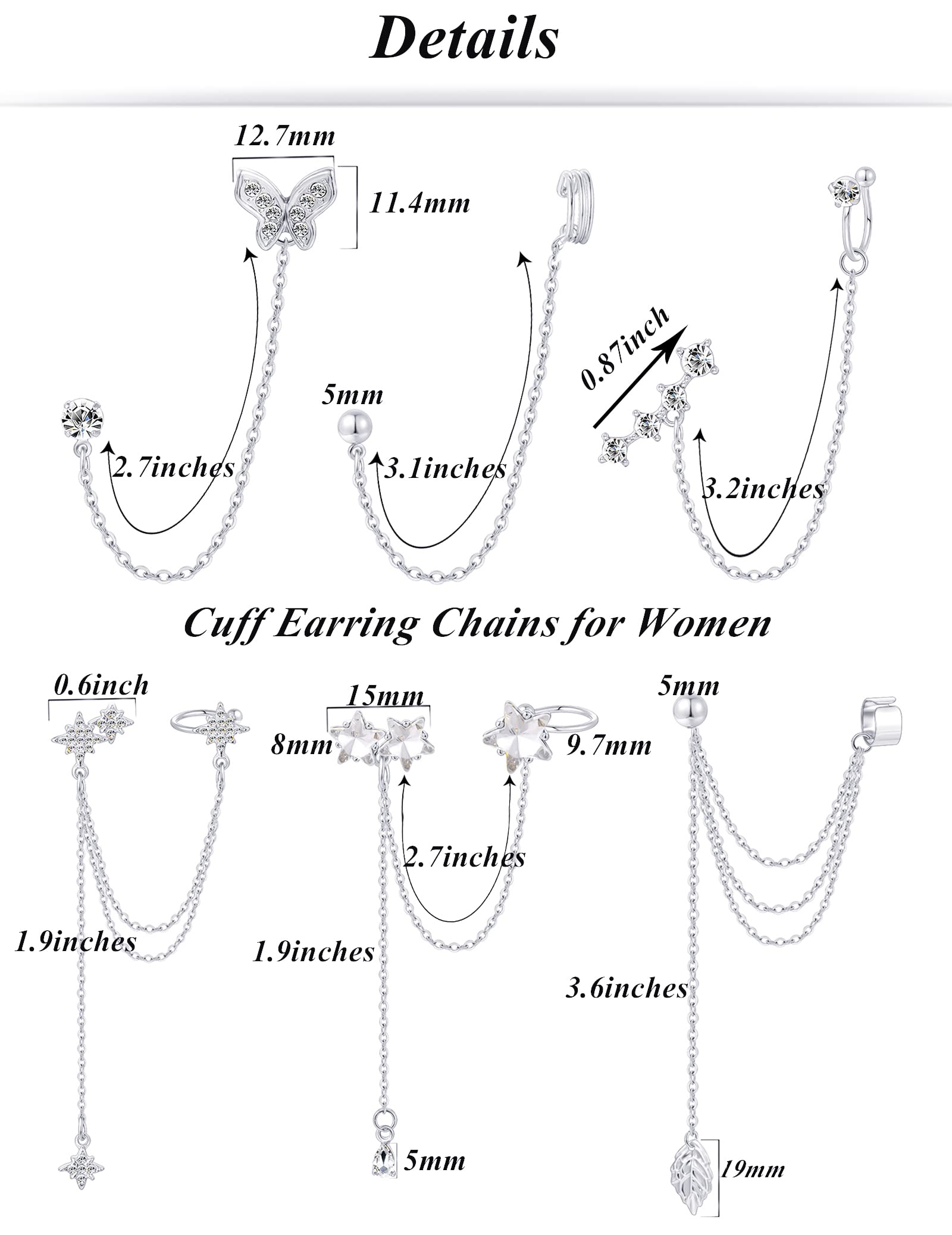 Tornito 6Pcs Cuff Earring Chain Leaf Snowflake Star Butterfly with CZ Crawler Climber Earring Studs Drop Dangling Chain Wrap Tassel Earring for Women Men 20G Silver Tone