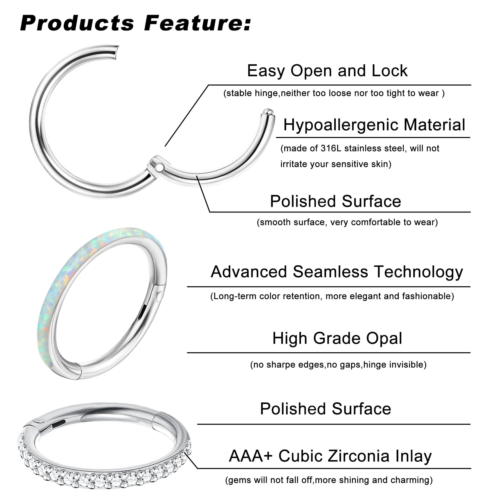 SAILIMUE 3 Pcs Surgical Steel Nose Rings Hoop for Women 18G 16G Clicker Hinged Segment Septum Lip Nose Rings Helix Cartilage Conch Rook Earrings Piercing Jewelry Diameter 8mm 10mm