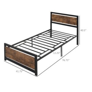 HOMCOM Single Platform Bed Frame with Headboard & Footboard, Strong Metal Slat Support Solid Bedstead Base w/Underbed Storage Space, No Box Spring Needed, 41.75'' x 76.75'' x 40.5''