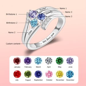 BAUMA AUTO Personalized Mother Ring with 1-9 Birthstones & Names Customized Family Ring Engraved Birthstone Rings for Women Grandma Wife Mother's Day (Silver-3 name)