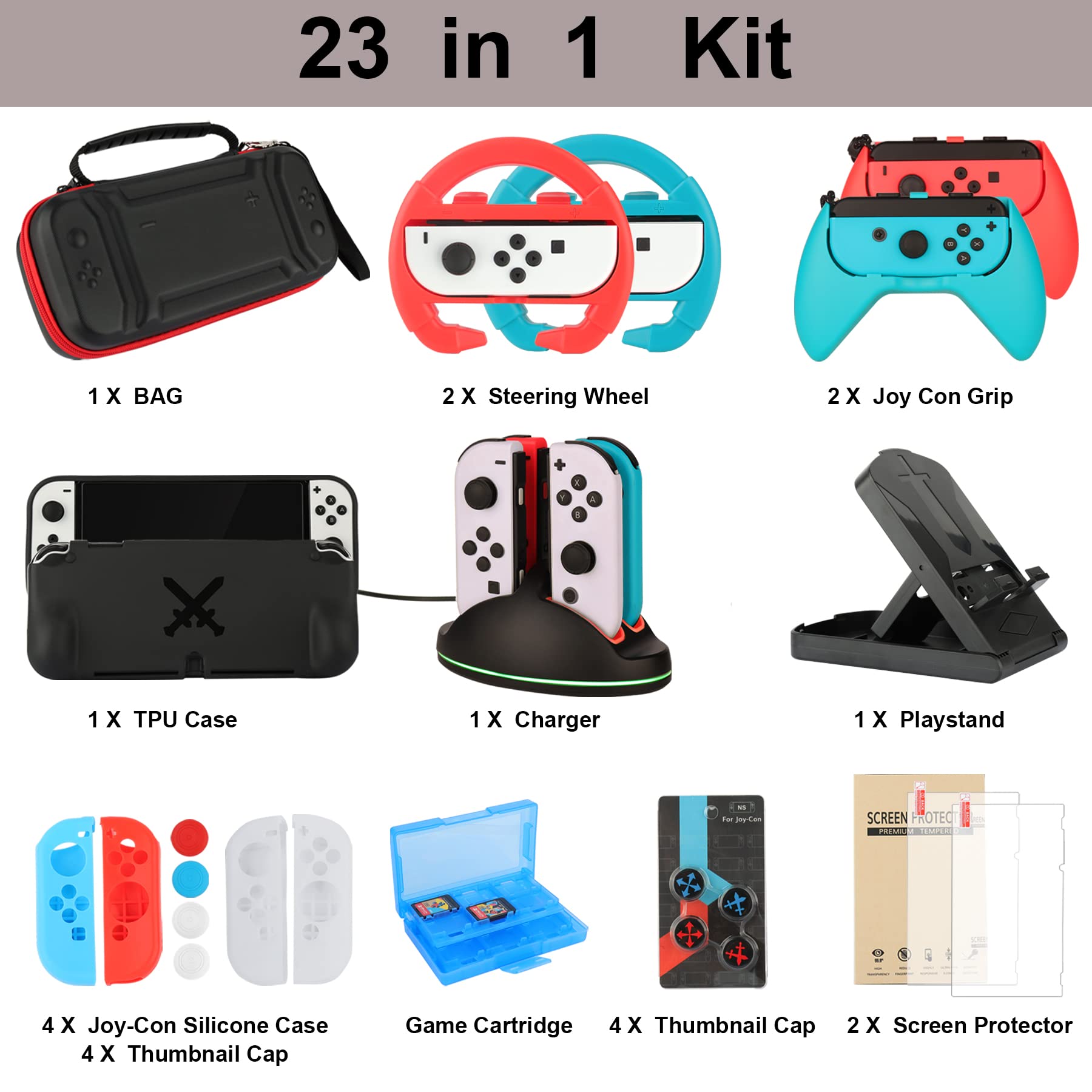 Accessories Bundle Pack for Nintendo Switch OLED Model(2021), Family Party Kit with Carrying Case, Joy Con Charging Dock, Grips, Covers, Steering Wheels, Mount, Screen Protectors, Caps(23 in 1)